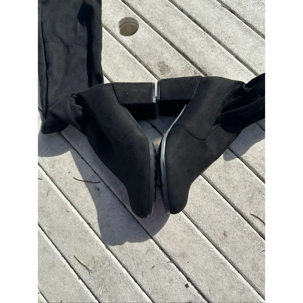 Black Velvet Over The Knee Boots Block Heel Size 7 New Sexy Chic OTK